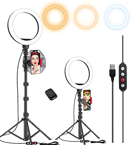 10.2" Selfie Ring Light with 65" Adjustable Tripod Stand & Phone Holder for Live Stream/Makeup, Upgraded Dimmable LED Ringlight for Tiktok/YouTube/Zoom Meeting/Photography