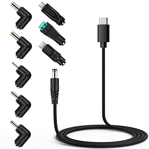 Universal 5V DC Type-C Power Cable, USB C to DC 5.5x2.1mm Charging Cord Plug with 8 Connector Tips(5.5x2.5, 4.8x1.7, 4.0x1.7, 3.5x1.35, 2.5x0.7, Micro USB, Type-C, Universal Connector)