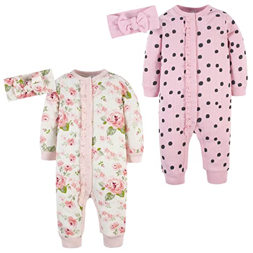 Baby Girls' 4-Piece Coveralls & Headband Sets, Dots/Roses, 0-3 Months