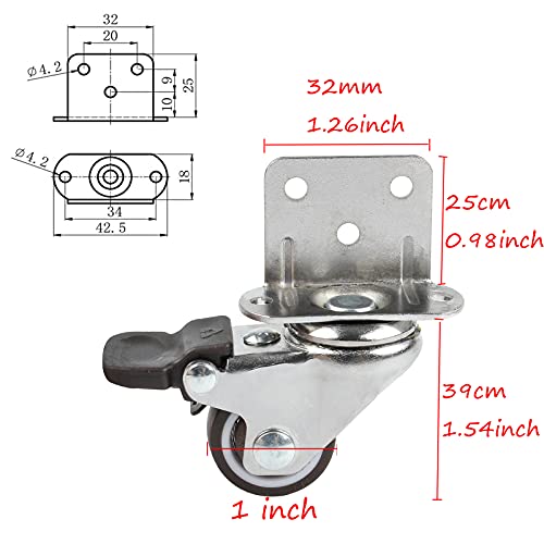 1'' Swivel Plate Caster Wheels with Brake L-Bracket Side Mount TPR Rubber Small Furniture Replacement Silent Mute Locking Casters for Furniture Legs Set of 4