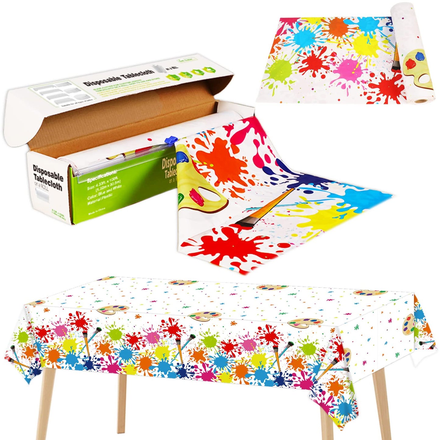 Art Party Tablecloth Roll - 52" x 100 Ft with Slide Cutter. Plastic Table Cover for Indoor/Outdoor Events, Family Banquets, Picnics, Celebrations.