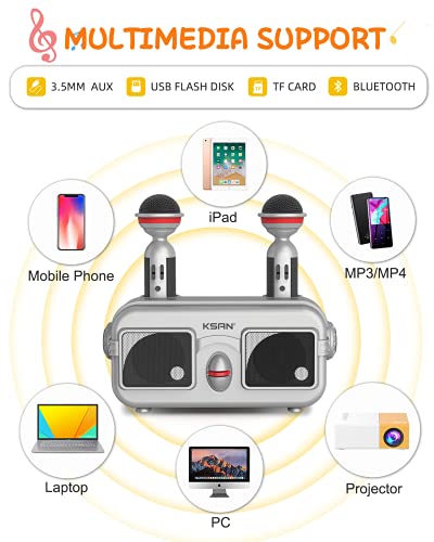 Bluetooth Karaoke Machine for Kids & Adults with 2 Wireless Microphones Portable PA System for Indoor Outdoor Party Kids Karaoke Player Compatible with Bluetooth, AUX, USB/TF