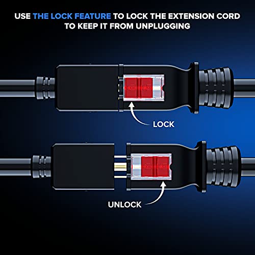 Extension Cord 1ft with New Locking Feature, Power Cable 3 Prong Plug Connector, Outdoor Rated 16AWG (Black, 5 Pack)