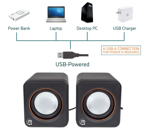 USB Powered Stereo Speaker System - Small Size - with Volume Control & 3.5 mm Aux Audio Plug to Connect to Laptop, Notebook, Desktop, Computer - 3 Yr Mfg Warranty - Black Orange, 161435