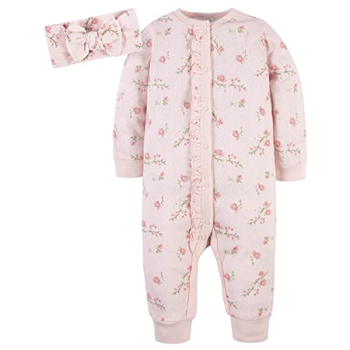 Baby Girls' 2-Piece Coverall & Headband Set, Floral, 0-3 Months
