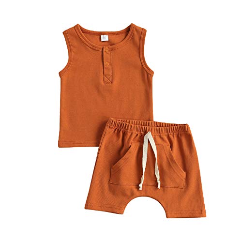 Infant Baby Boy Summer Outfits Solid Sleeveless Tank Top and Drawstring Pocket Shorts Pants 2PCS Clothes Set  Orange Brown, 0-6 Months