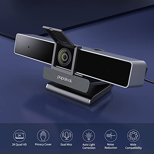 2022 2K Ultra HD Zoomable Webcam with Dual Microphone, Fixed Focus Web Camera with Tripod and Privacy Cover, 90 Wide-Angle View for Desktop/Laptop/Mac, Work with Skype/Zoom/WebEx/Lync