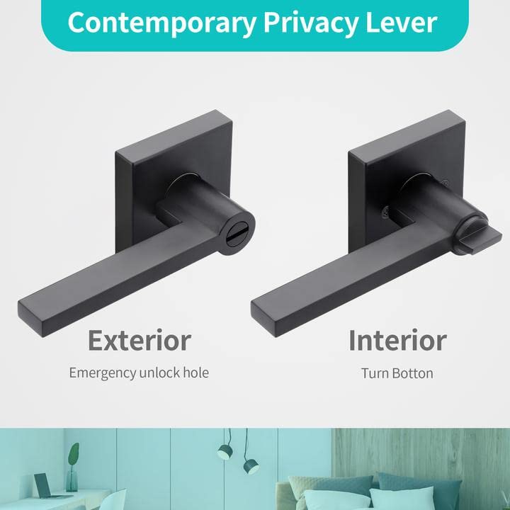 10 Pack Slim Lever Door Knob, Bedroom Door Knobs with Lock, Privacy Door Lever Leverset Lockset, Left or Right Handing, Matte Black Finish