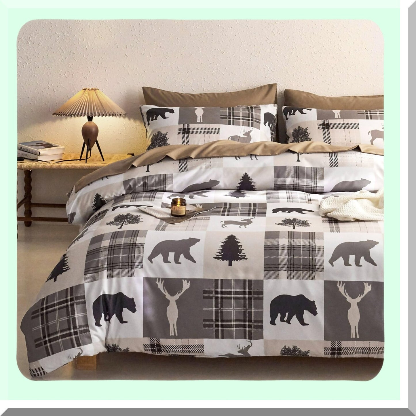 Wilderness Retreat Comforter Set - Rustic Lodge Woodland Bear Moose Elk Pine Trees Pattern - Soft Microfiber Bedding 3pcs - California Size