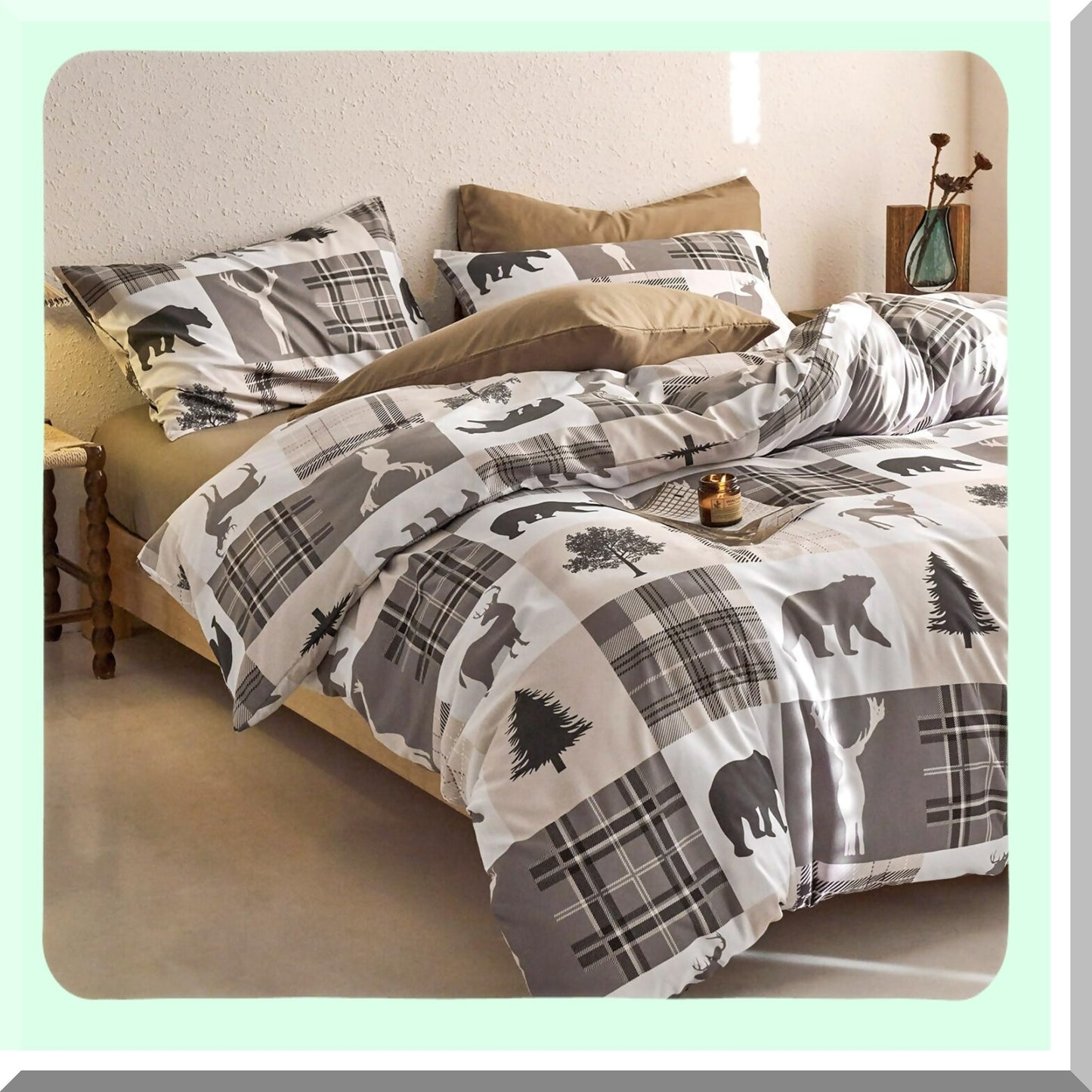 Wilderness Retreat Comforter Set - Rustic Lodge Woodland Bear Moose Elk Pine Trees Pattern - Soft Microfiber Bedding 3pcs - California Size