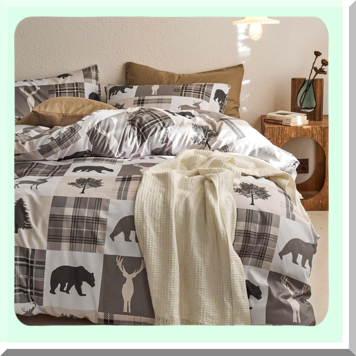 Wilderness Retreat Comforter Set - Rustic Lodge Woodland Bear Moose Elk Pine Trees Pattern - Soft Microfiber Bedding 3pcs - California Size