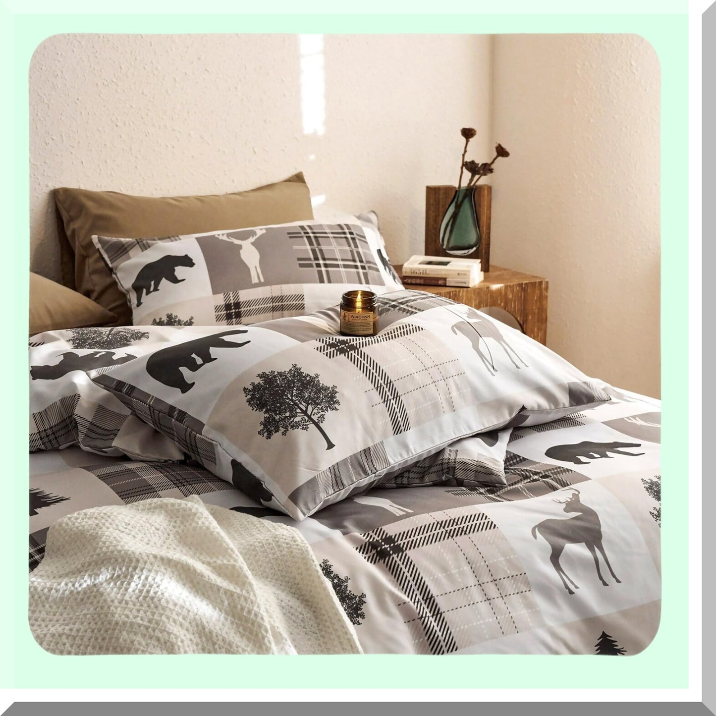 Wilderness Retreat Comforter Set - Rustic Lodge Woodland Bear Moose Elk Pine Trees Pattern - Soft Microfiber Bedding 3pcs - California Size