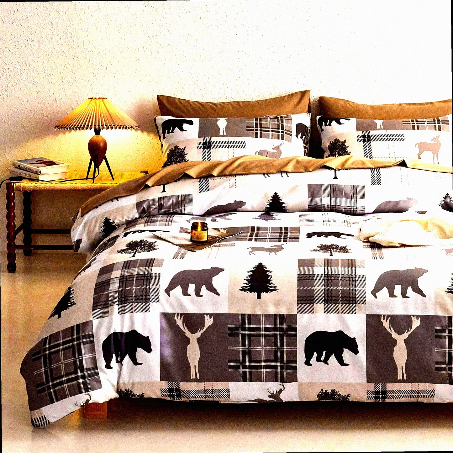 Wilderness Retreat Comforter Set - Rustic Lodge Woodland Bear Moose Elk Pine Trees Pattern - Soft Microfiber Bedding 3pcs - California Size
