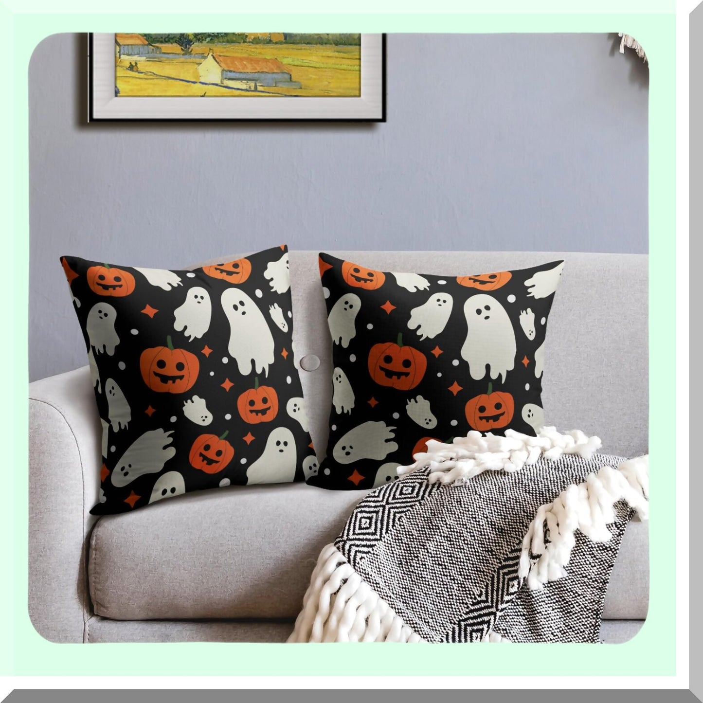 Ghostly Harvest Pillow Covers - Set of 2 18x18 Cute Ghost Pumpkin Print Outdoor Decorative Throw Pillows. Farmhouse Linen Cushion Case for Home Sofa Bed.