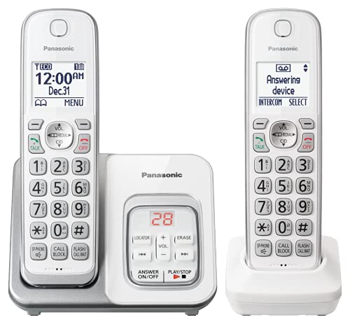 DECT 6.0 Expandable Cordless Phone with Answering Machine and Smart Call Block - 2 Cordless Handsets - KX-TGD632W (White/Silver)