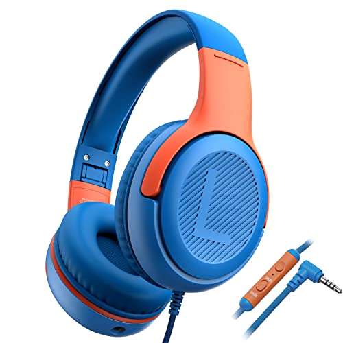Kids wired over-ear headphones with microphone, volume limiter, shareport, blue