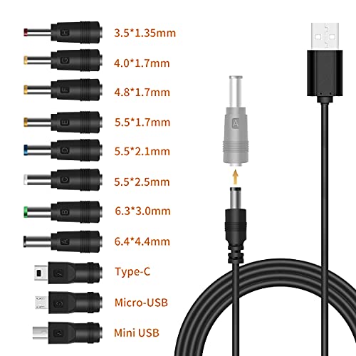 Universal 5V DC Power Cable, USB to DC 5.5x2.1mm Plug Powe Cord with Connectors(13pcs) DC Power Splitter Cable 1 Female to 8 Male Wire