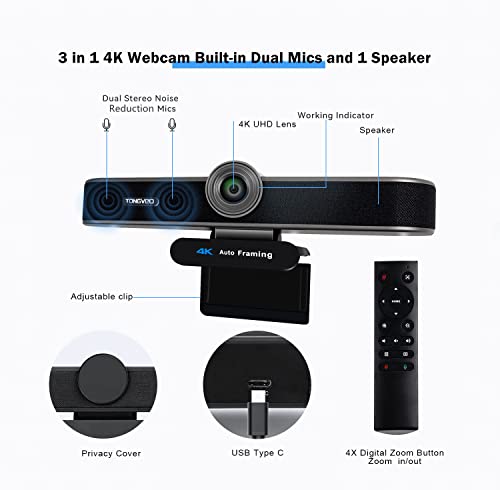 Zoomable 4K Webcam with Microphones and Speaker, 4X Digital Zoom ePTZ Video Conference Web Camera with Remote and Privacy Cover AI Auto Framing Streaming Webcam for Zoom,Skype