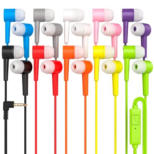 10 Pack Multi Color Kid's Wired Microphone Earbud Headphones, Individually Bagged, Disposable Earbuds with Mic Ideal for Students in Classroom Libraries Schools, Bulk Wholesale