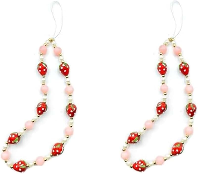 Red Beaded Fruit Phone Charm and Wrist Strap Set