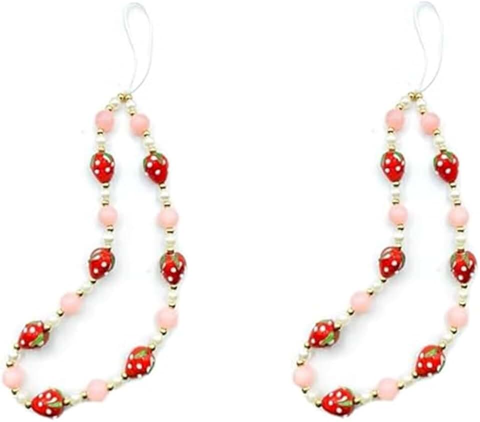 Red Beaded Fruit Phone Charm and Wrist Strap Set