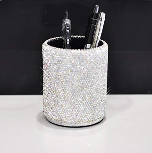 Round Silver Crystal Pen Holder with Rhinestones