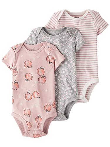 Girls' 3-Pack  Cotton Short-Sleeve Rib Bodysuits, Peaches, 3 Months