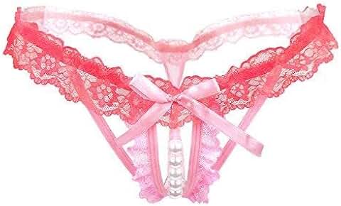 Transparent lace open crotch T-back colored diamond pendant underpants