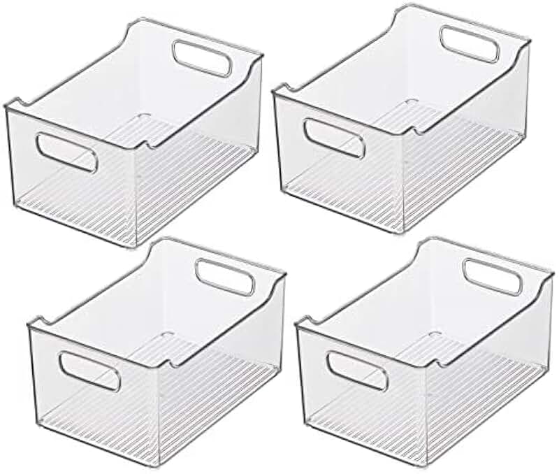 Set of 4 clear plastic storage bins with handles