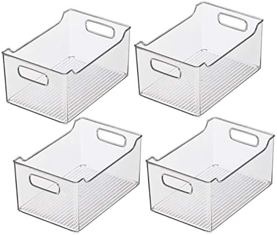 Set of 4 clear plastic storage bins with handles