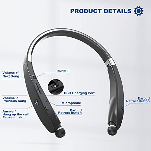 Bluetooth Neckband Headphones, Foldable Wireless Lightweight Neck Headset with Retractable Earbuds, Noise Cancelling Sweatproof Stereo Earphones with Mic & Carrying Case (Black)