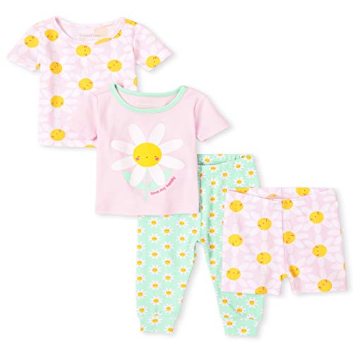 Baby and Toddler Girls Daisy Snug Fit Cotton 4-Piece Pajamas, Fish Pond, 0-3 Months
