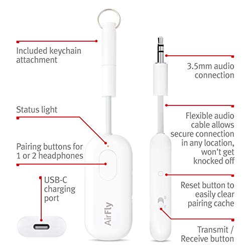 AirFly Pro | Wireless Transmitter/Receiver with Audio Sharing for up to 2 AirPods/Wireless Headphones to Any Audio Jack for use on Airplanes, Boats or in Gym, Home, auto