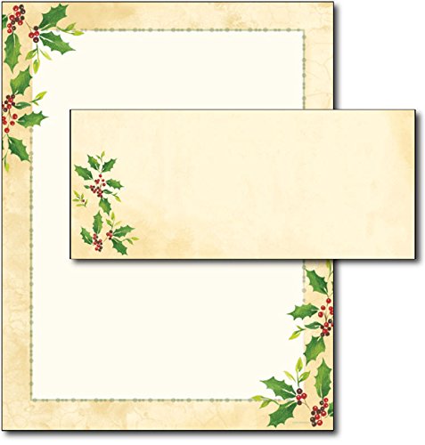 Falling Holly Letterhead Paper and Envelopes, 40 Sets