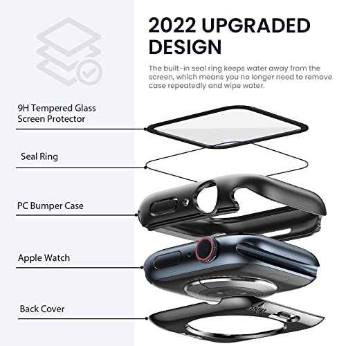 (2 in 1) for Waterproof Apple Watch Screen Protector Case Series 8 7 45mm Accessories, iWatch Protective PC Face Cover Built-in Tempered Glass Film, Front & Back Bumper for Women Men, 45 mm