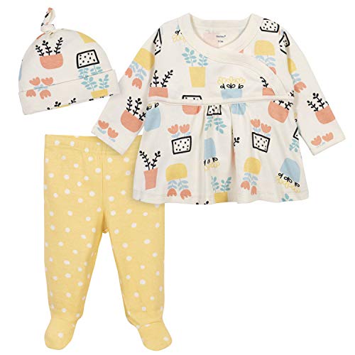 Baby Girls 3-Piece Shirt, Footed Pant, and Cap Set, Yellow/Ivory,