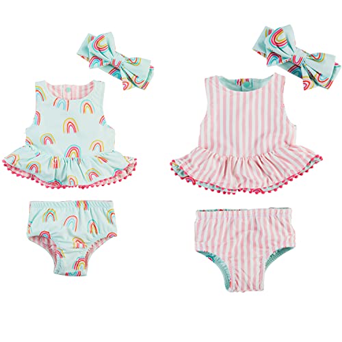 Girls Reversible Swimsuit & Headband Set, Rainbow, 3-6 Months