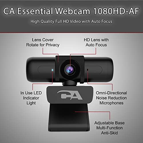 CA Essential Webcam 1080HD-AF (WC-2000-2) - Zoom  USB Webcam with Omni-Directional Microphone for Desktop or Notebooks, 1080p Webcam, HD Auto-Focus and Light Correction