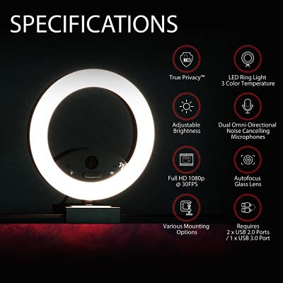 '- Occhio True Privacy Webcam with Adjustable LED Ringlight - Magnetic Privacy Cover, Dual Omni-Directional Noise Cancelling Microphones with Manual Circuit Breaker, and Full HD