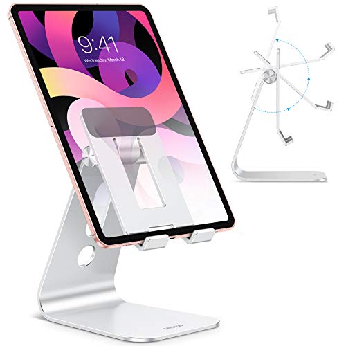 Adjustable desk tablet stand with longer arms for stability in silver