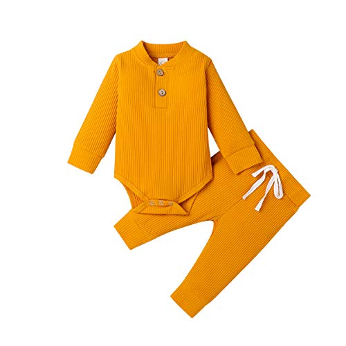 Winter  Baby Boy Girl Clothes Set Ribbed Outfits Unisex Infant Solid Cotton Button Long Sleeve Tops Pants 2PCS
