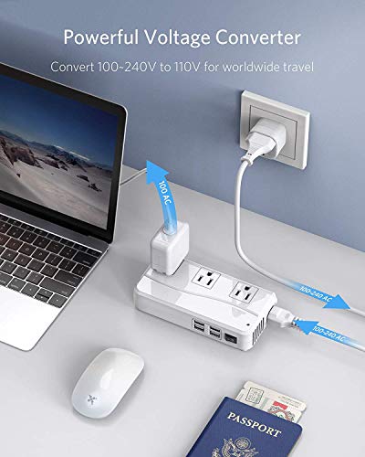 Universal Travel Adapter 100-220V to 110V Voltage Converter 250W with 6A 4-Port USB Charging 3 AC Sockets and EU/UK/AU/US/India Worldwide Plug Adapter (White)