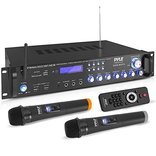 Bluetooth Home Audio Power Amplifier -4 Ch. 3000W, Stereo Receiver w/ Speaker Selector, FM Radio, USB, Headphone, 2 Wireless Mics for Karaoke, Great for Home Entertainment System PWMA3003BT.NEW