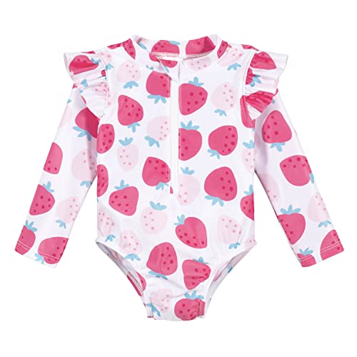 Girls' Toddler Long Sleeve One Piece Rashguard Swimsuit, Pink Strawberry, 6-9 Months