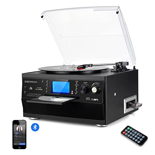 Bluetooth Record Player Turntable with Stereo Speaker, LP Vinyl to MP3 Converter with CD, Cassette, Radio, Aux in and USB/SD Encoding, Remote Control, Audio Music Player Built in Amplifier
