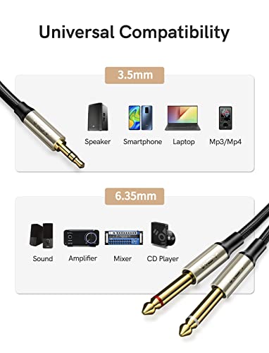 1/8 to 1/4 Stereo Cable (10ft/3m), 3.5mm 1/8'' TRS to Dual 6.35mm 1/4" TS Mono with Brass Plating Housing Braided Audio Breakout Cable for iPhone, Amp, Mixer, CD Players, Home Stereo Systems
