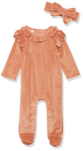 Baby Girl Velour Footed Sleeper and Headband Set, Peach, 3-6 Months
