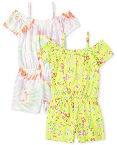 Baby Toddler Girls Short Sleeve Cold Shoulder Romper, Candy Swirl/Desert Flower-2 Pack, 18-24 Months