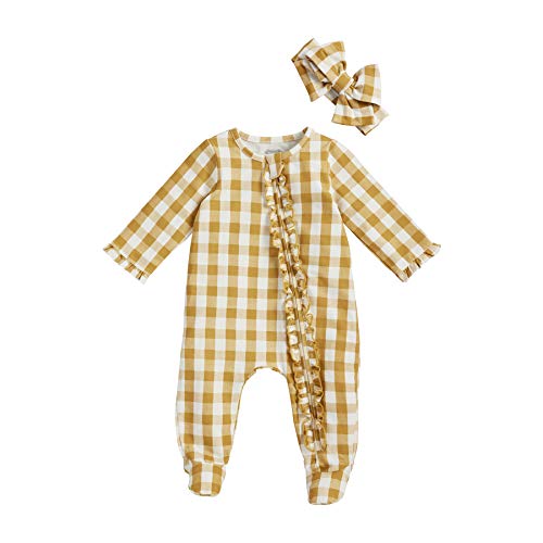 Baby Girls' Mustard Gingham and Headband Set, 0-3 Months