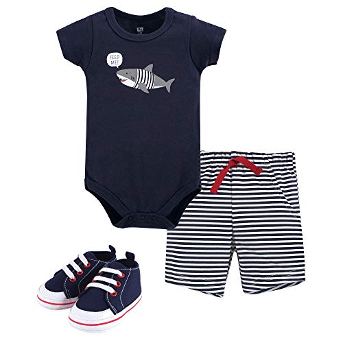 Uni   Cotton Bodysuit, Shorts and Shoe Set, Blue Shark, 3-6 Months